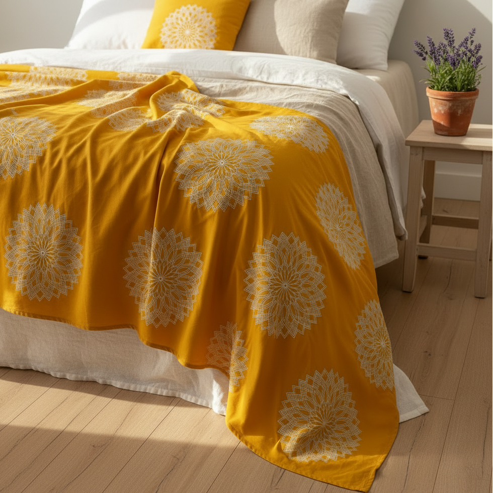 Yellow floral-patterned blanket on a bed with a wooden nightstand and potted plant.
