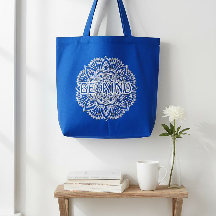 Blue tote bag with 'BE KIND' design hanging on a hook against a white wall.