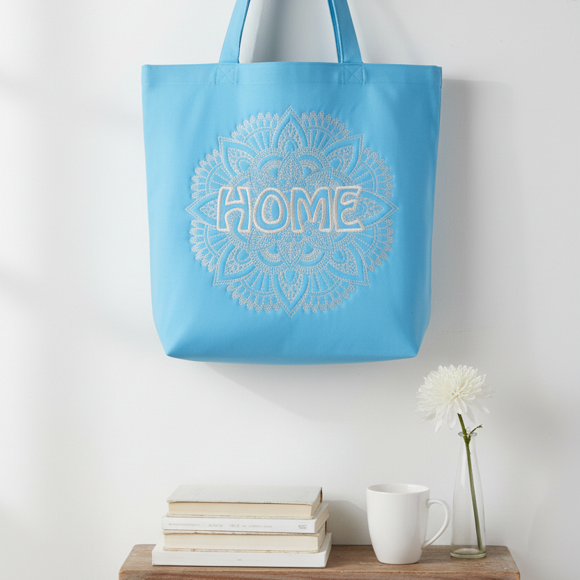 Blue tote bag with 'HOME' design hanging on a hook against a white wall.
