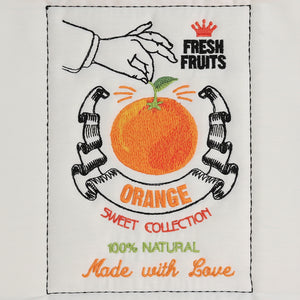Embroidered design of an orange with a hand reaching towards it, labeled 'Fresh Fruits' and 'Orange Sweet Collection'.