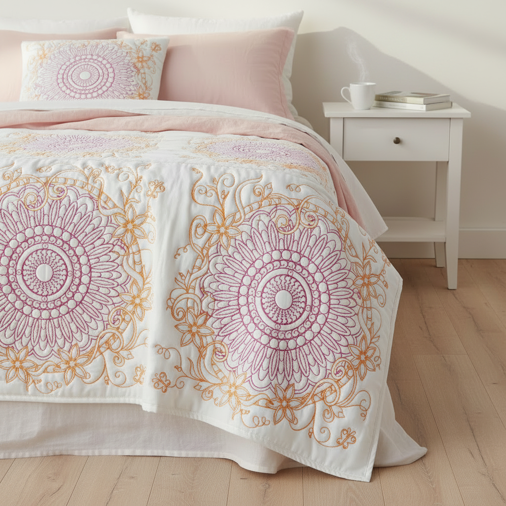 Decorative bedspread with mandala patterns on a bed in a bedroom setting.