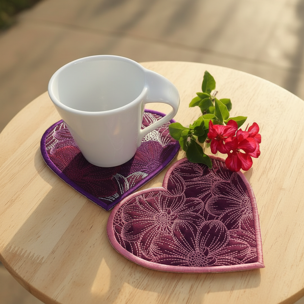 Heart-shaped embroidered coasters with a white cup and flowers on a wooden surface