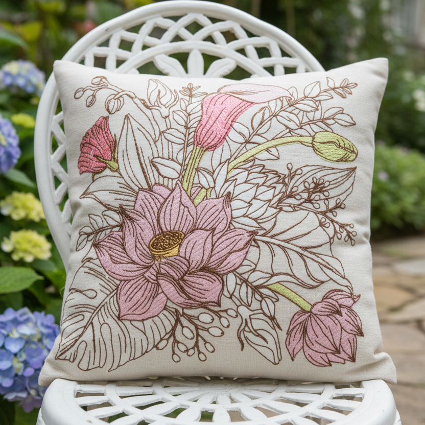 Floral design with pink flowers and green leaves on a light background