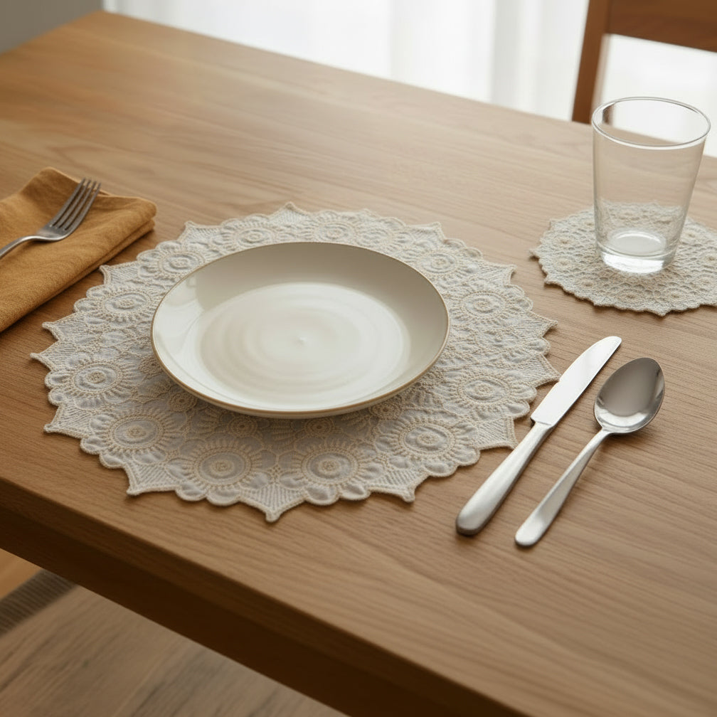 Dining table setting with a plate, knife, spoon, and glass on lace placemats.