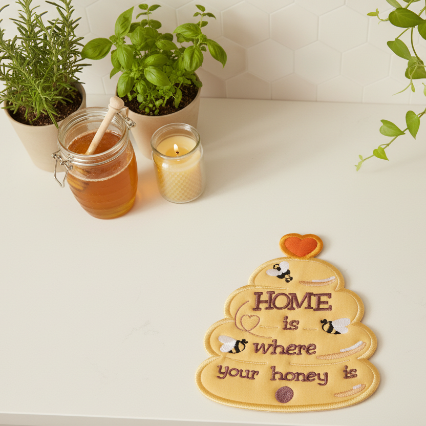 Decorative wooden sign with 'Home is where your honey is' text on a shelf with plants and jars.