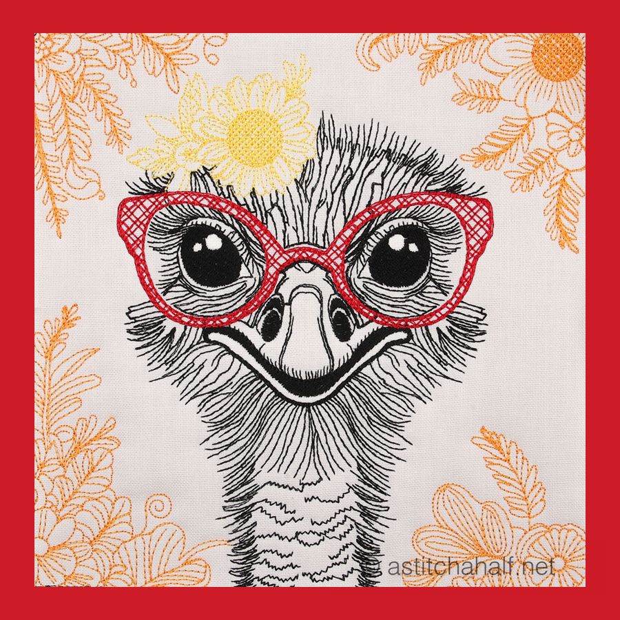 Needlecraft canvas with an illustration of an ostrich wearing glasses and peeking through the fabric.