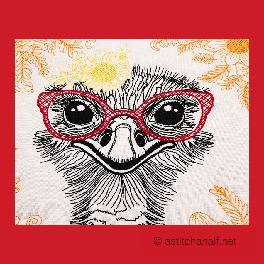 Needlecraft canvas with an illustration of an ostrich wearing glasses and peeking through the fabric.