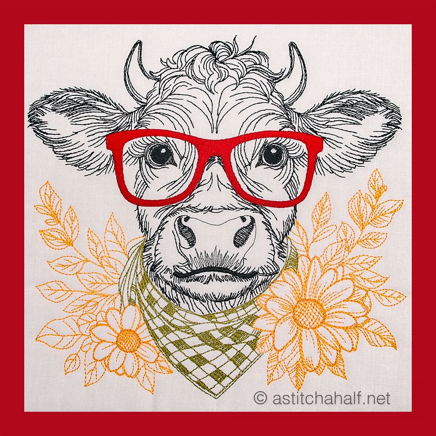 A colorful illustration of a bull with glasses and a bandana, surrounded by daisies and leaves on a red background.