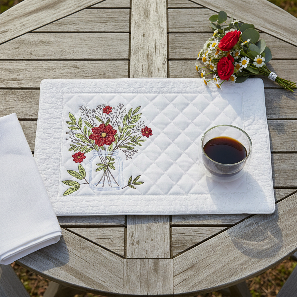 A white quilted placemat with an embroidered floral design in a glass vase, styled on a round wooden table with a folded napkin, a glass of coffee, and a small bouquet of red and white flowers.