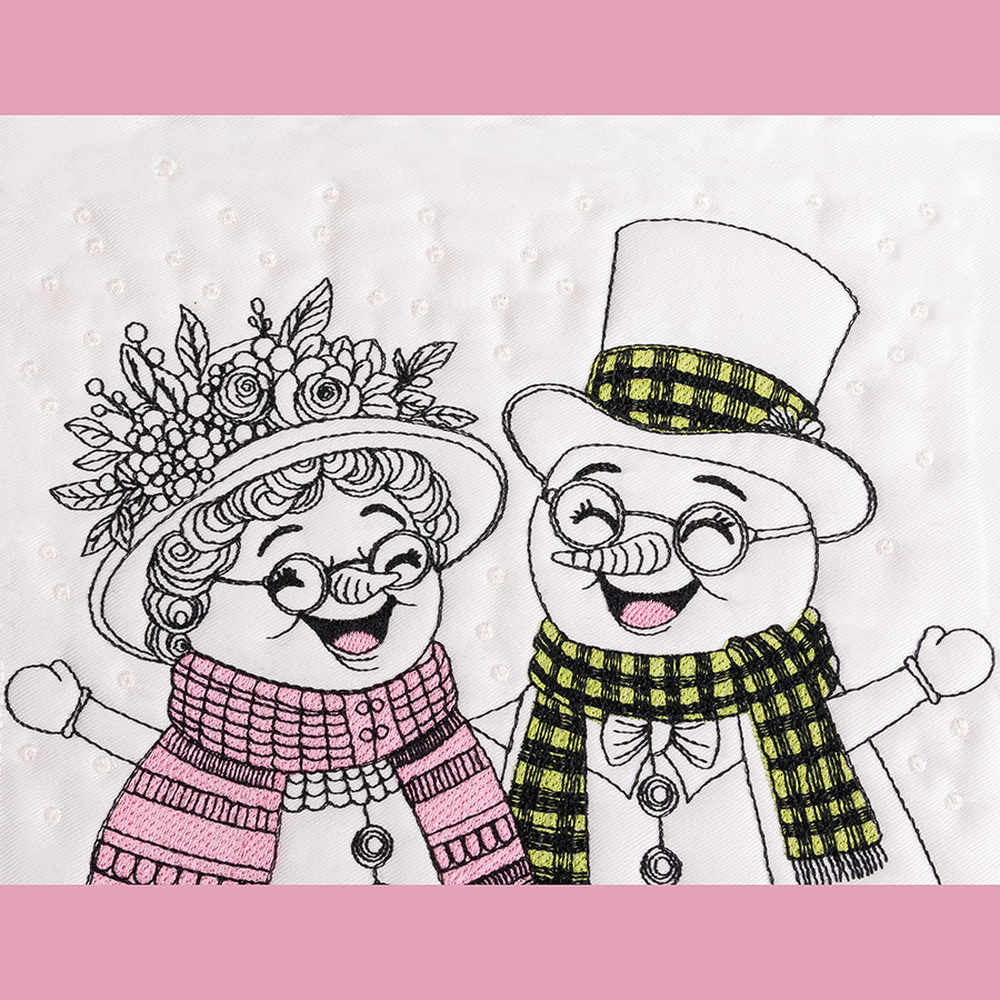 Snowman and snow woman pair with bright smiles, in the snow.