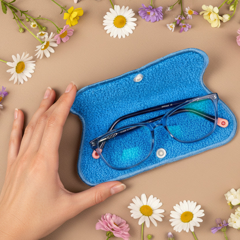 A hand holding a blue eyeglass sleeve with a geometric pattern.