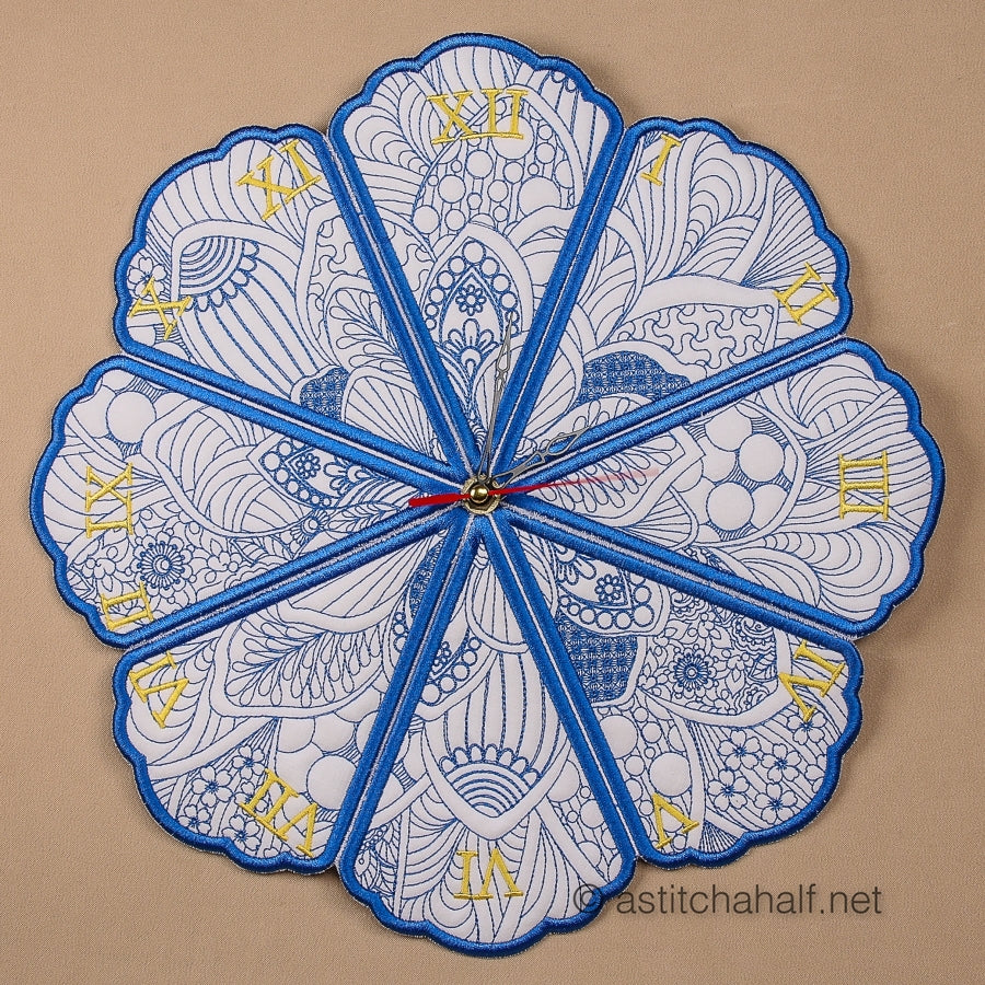 Decorative clock with intricate patterns and Roman numerals on a beige background