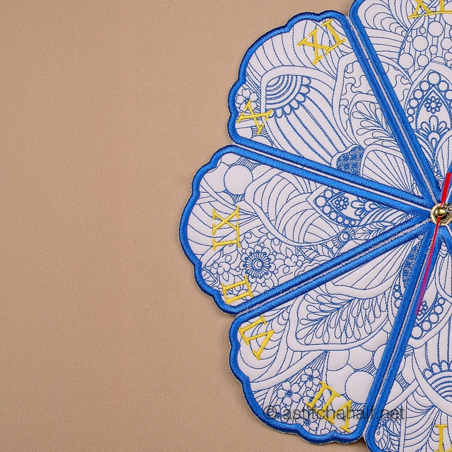 Decorative clock with intricate patterns and Roman numerals on a beige background