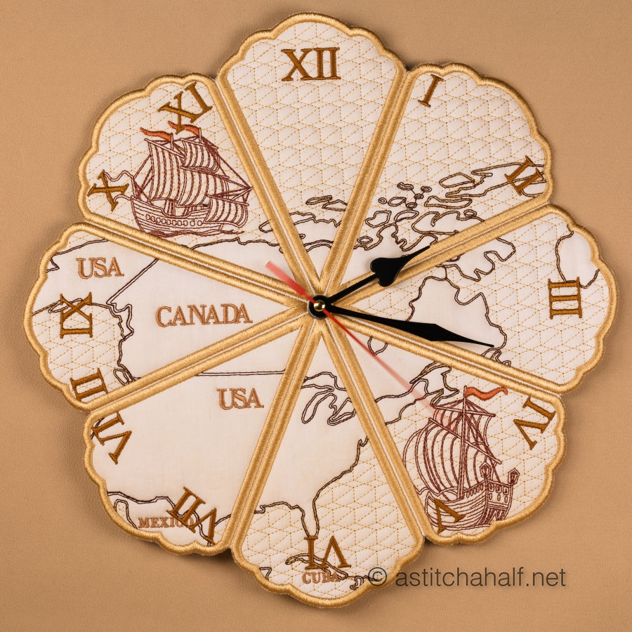 Decorative wall clock with map design and ship illustrations on a beige background