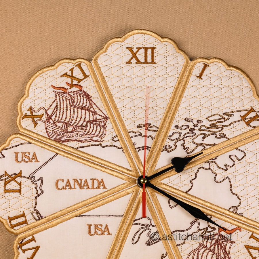 Decorative wall clock with map design and ship illustrations on a beige background