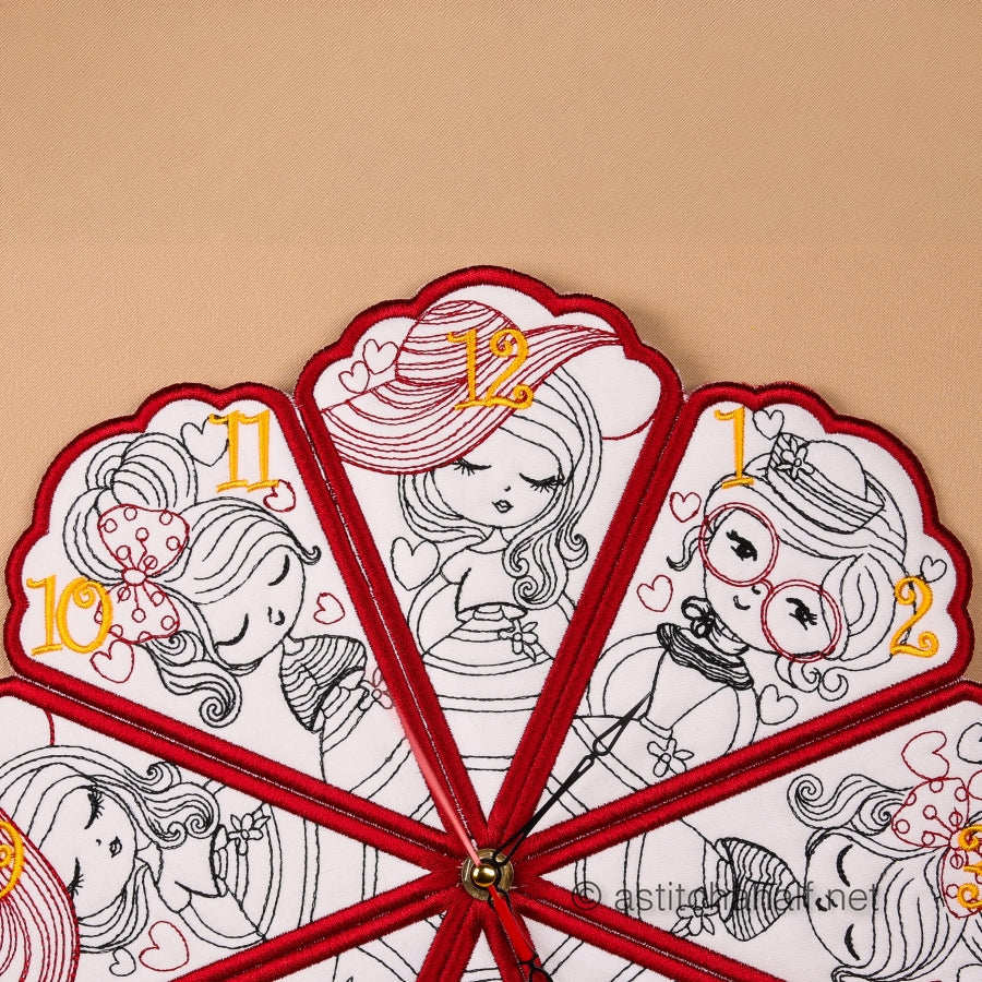 Circular design with embroidered characters and numbers on a beige background