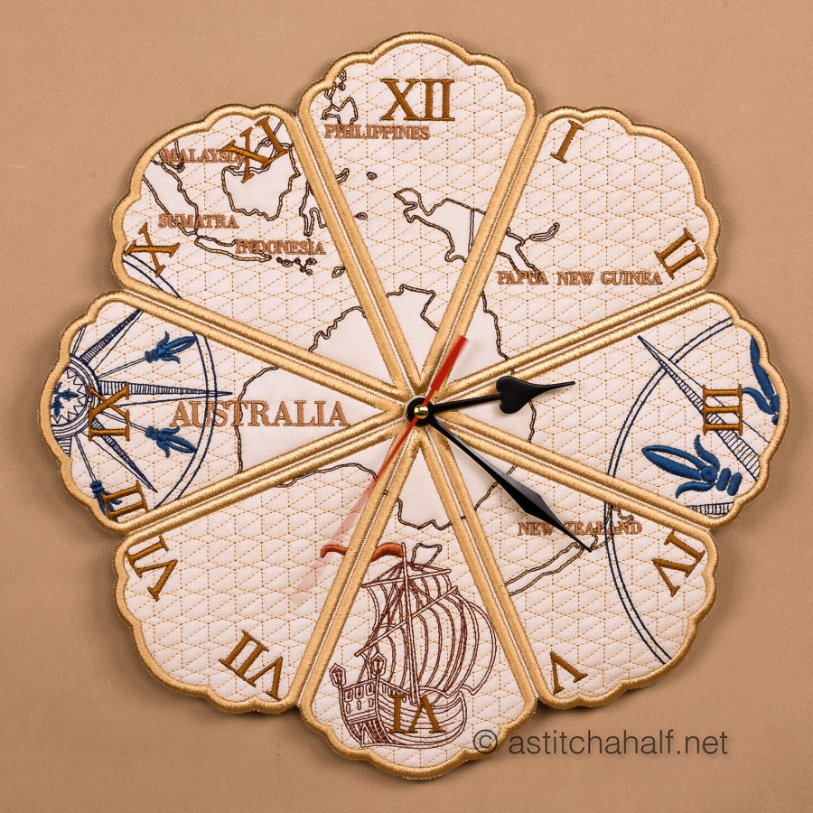 Decorative wall clock with map design and ship illustration on a beige background