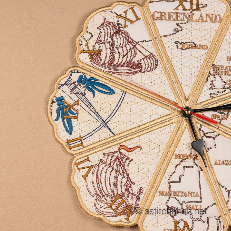 Decorative wall clock with world map design and ship illustrations on a beige background