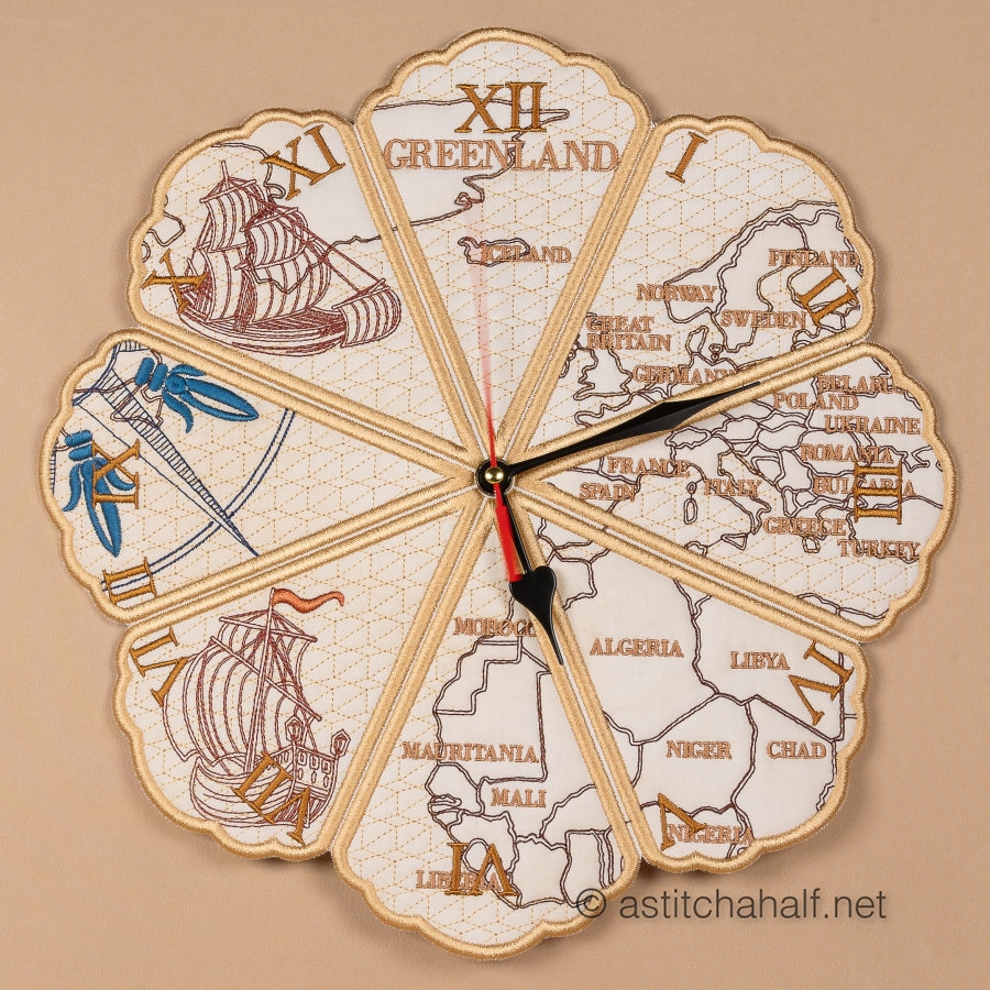 Decorative wall clock with world map design and ship illustrations on a beige background