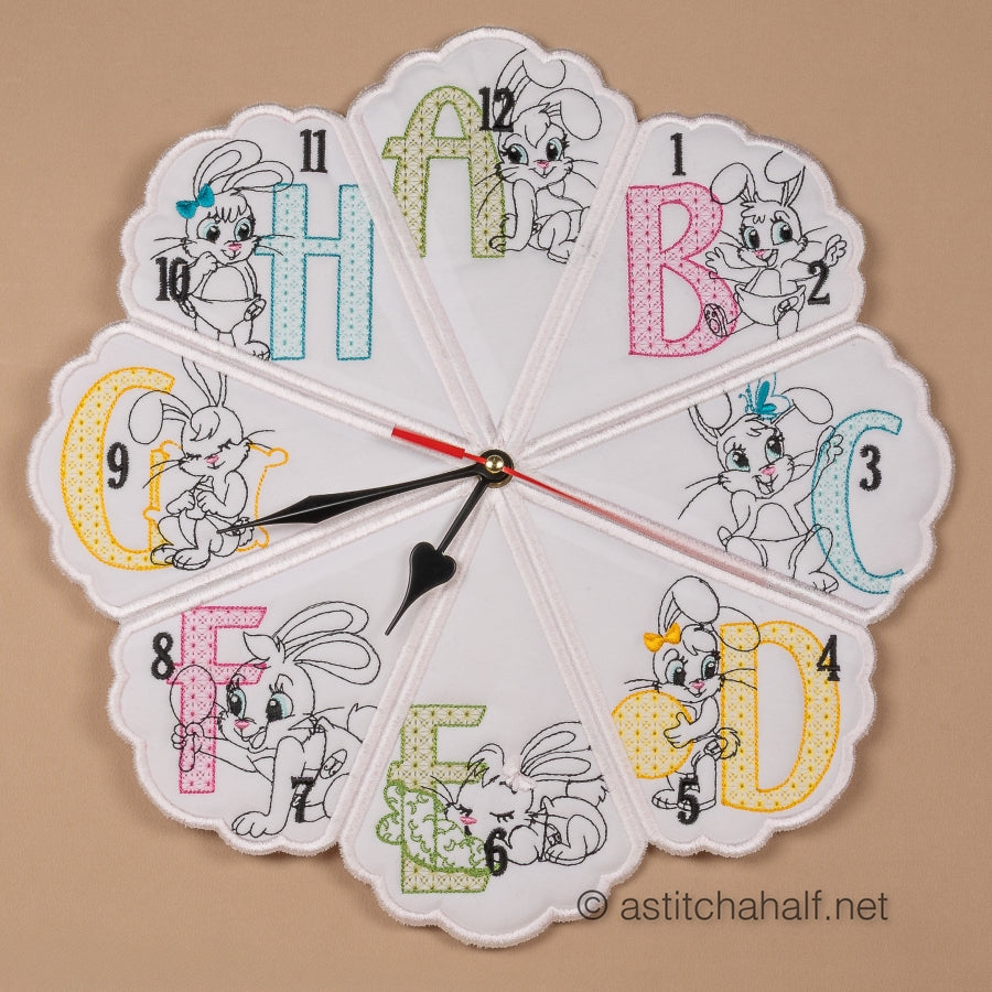 Decorative clock with cartoon character faces and letters on a beige background