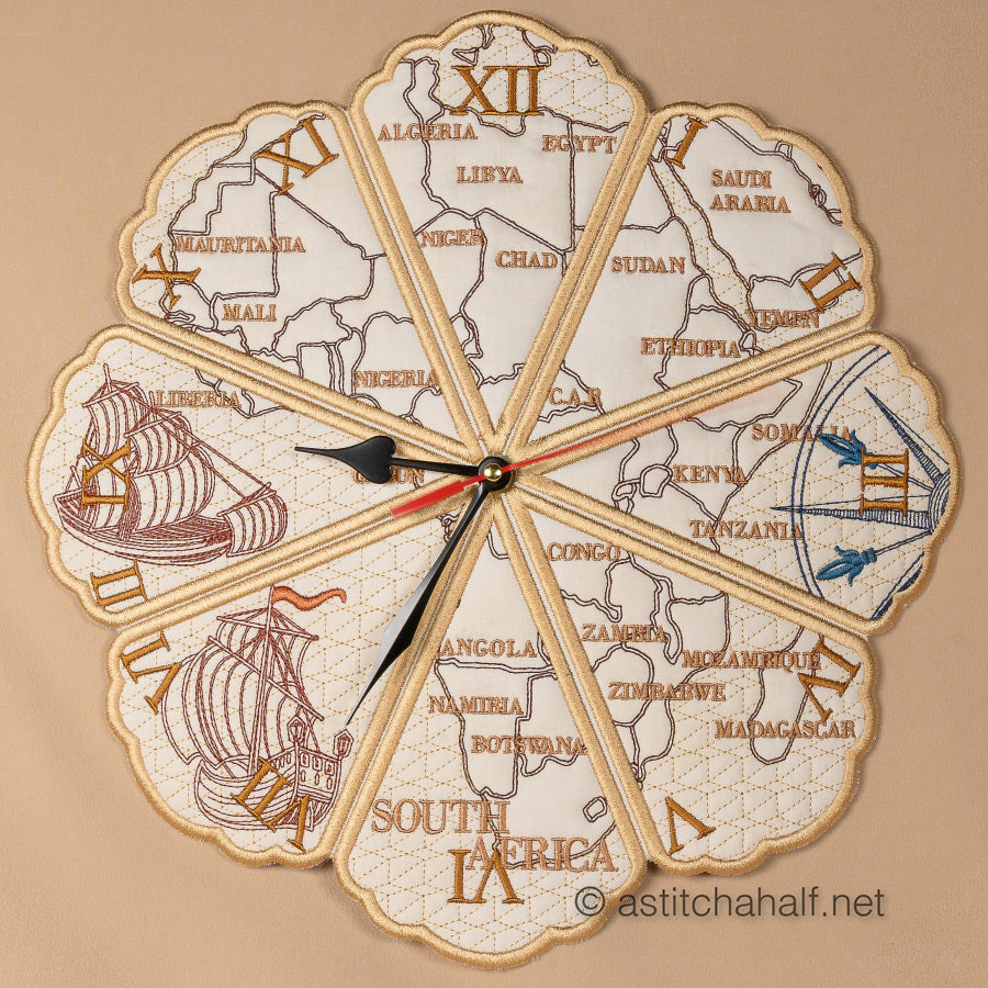 Decorative wall clock with map design and ship illustrations on a beige background