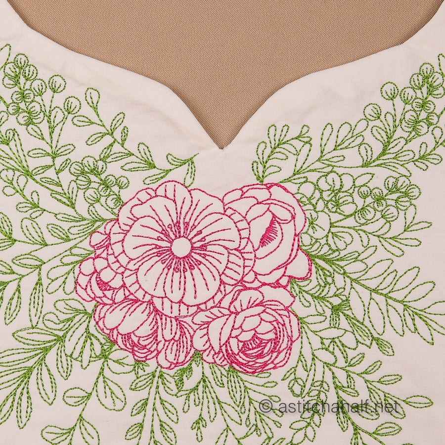 Embroidered floral design on a white fabric with pink flowers and green leaves. Ideal for necklines.