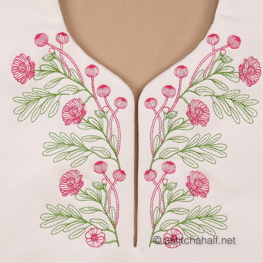 Embroidered floral design on a white fabric with pink flowers and green leaves. Ideal for necklines.