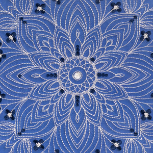 Blue fabric with white floral patterns and black centers
