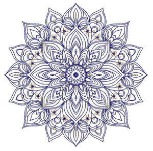  intricate blue mandala design on a white background