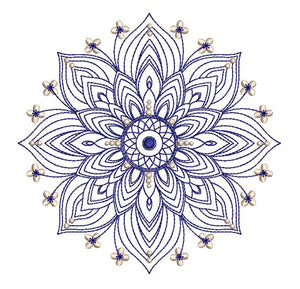 Mandala design with blue and white colors on a white background