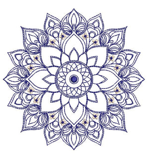 Decorative mandala design with intricate patterns on a white background
