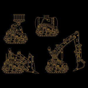 Set of gold line art illustrations of construction vehicles on a black background