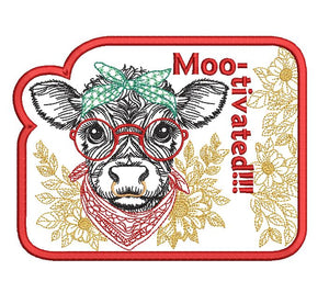 Cow with glasses and bandana, surrounded by flowers, with 'Moo-tivated!!!' text on a white background.
