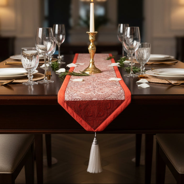 Decorative table runner with intricate patterns and a tassel on a beige background