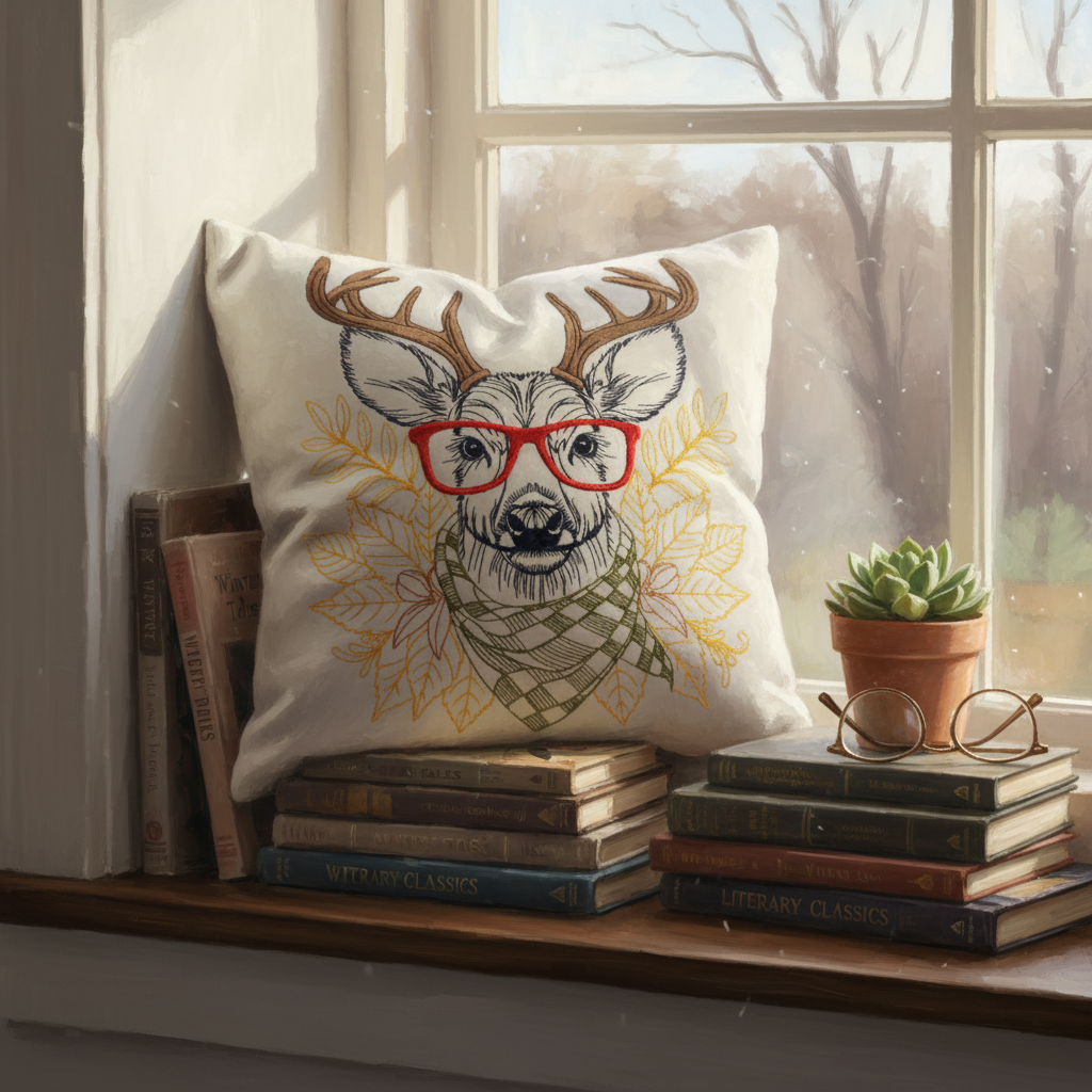 Decorative pillow with a deer design wearing glasses on a windowsill with books and a plant.