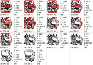 Pattern of red teacups and floral designs on a white background