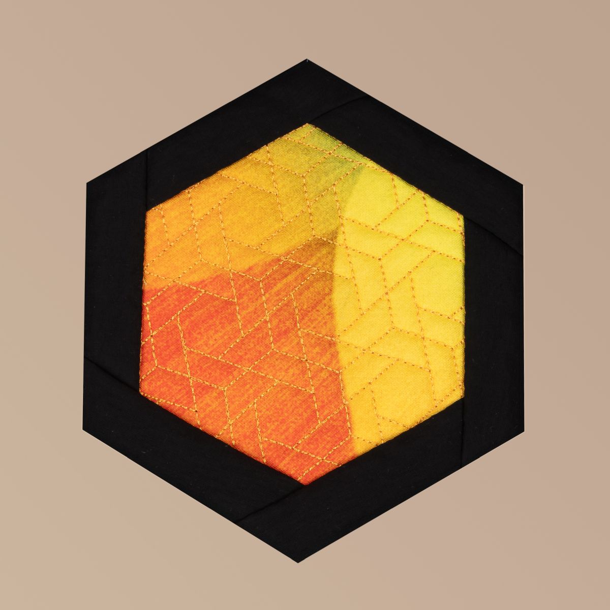 Hexagonal coasters with colorful design on a beige background
