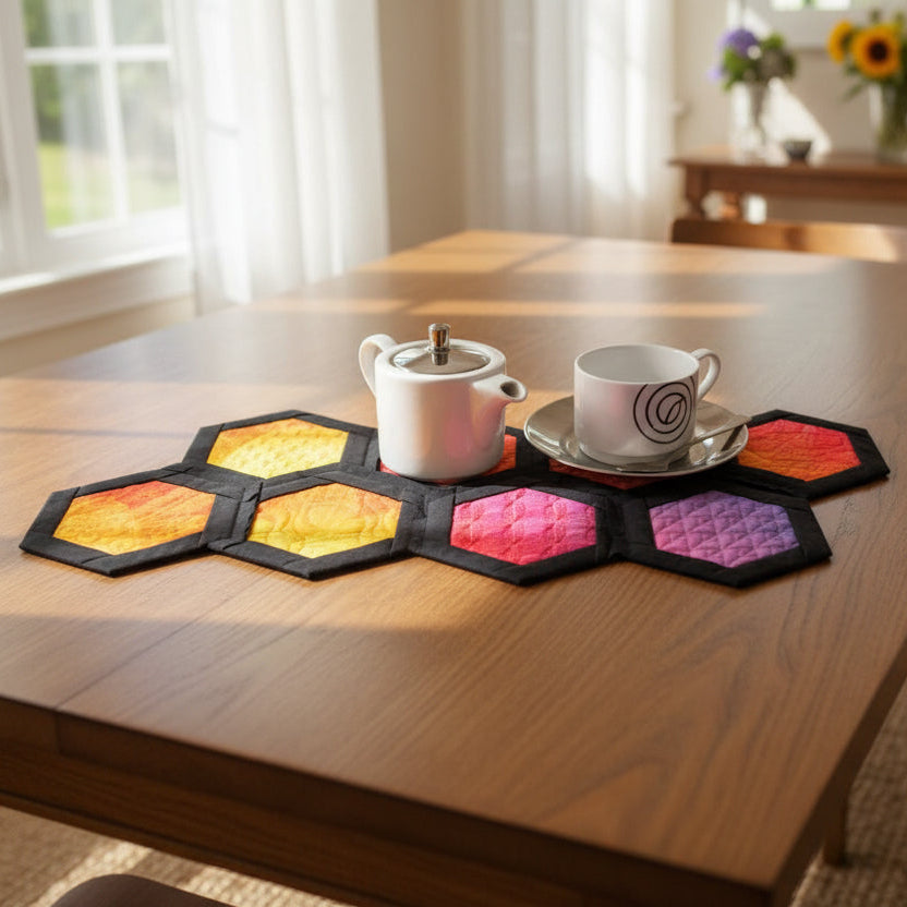 Hexagonal colorful coasters with a cup and saucer on a beige background