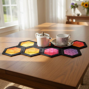 Hexagonal colorful coasters with a cup and saucer on a beige background