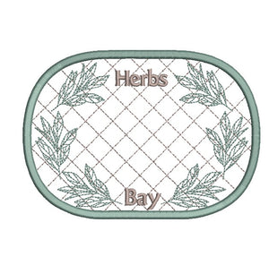 Decorative herb label with leaf patterns and text on a white background