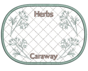 Embroidered patch with caraway herb design and text on a white background
