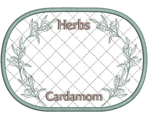 Cardamom herb label with decorative border and text on a white background