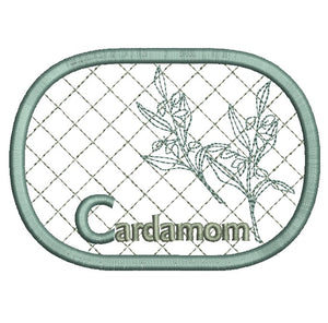 Embroidery design of cardamom plant with the word 'Cardamom' on a white background