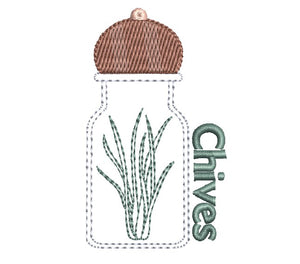 Decorative label with a bottle of chives and a brown cap on a white background