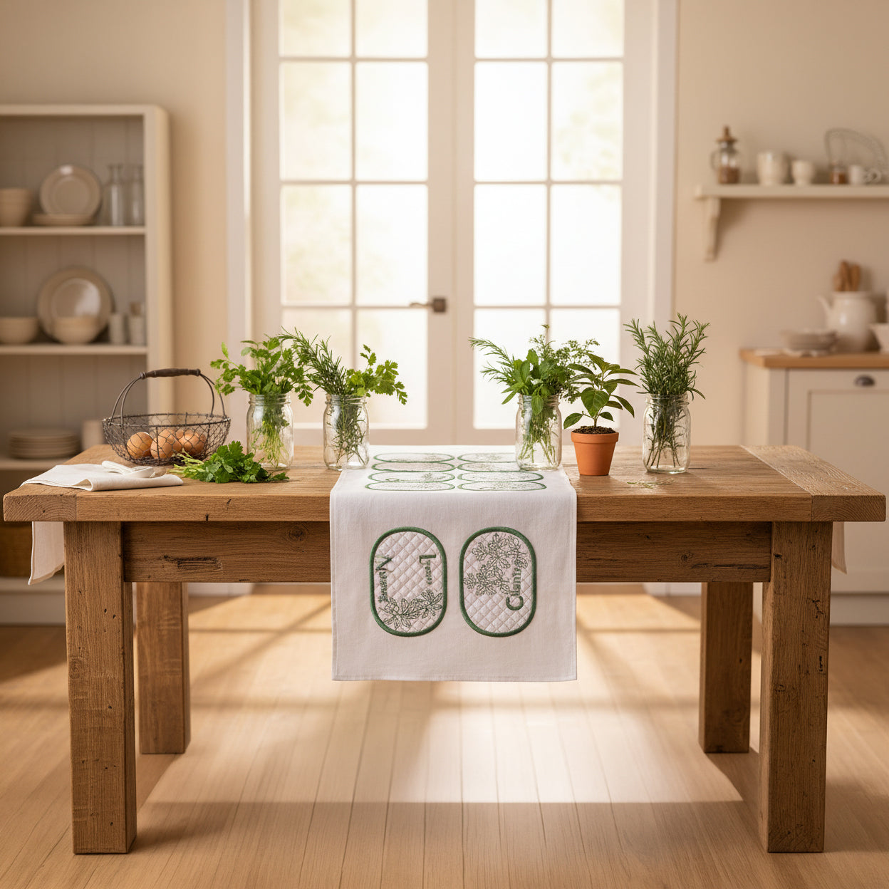 Wooden dining table with a white towel featuring green designs, surrounded by potted plants in a bright kitchen.