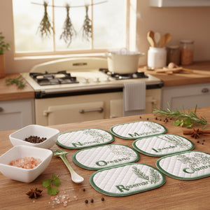 Set of herb-themed coasters with names on a beige background