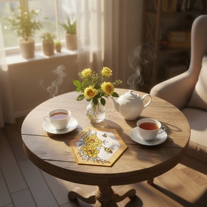 Hexagonal embroidered coaster with yellow flowers and bees on a beige background