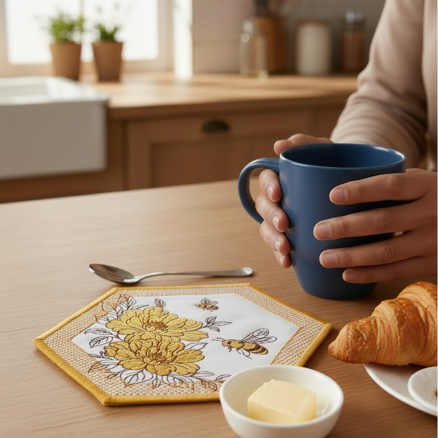 Person holding a blue mug on a wooden table with a floral coaster