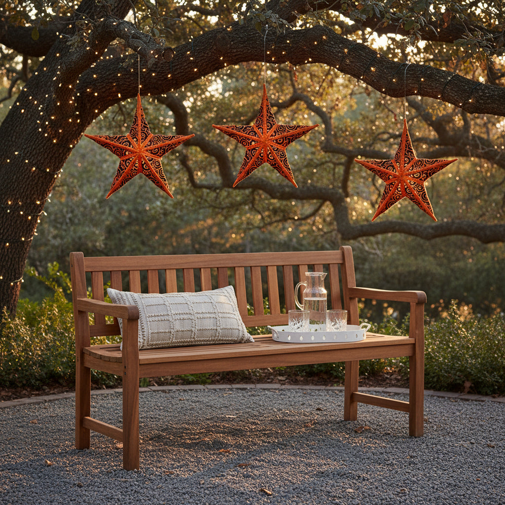 Decorative star with orange and black patterns on a textured beige background
