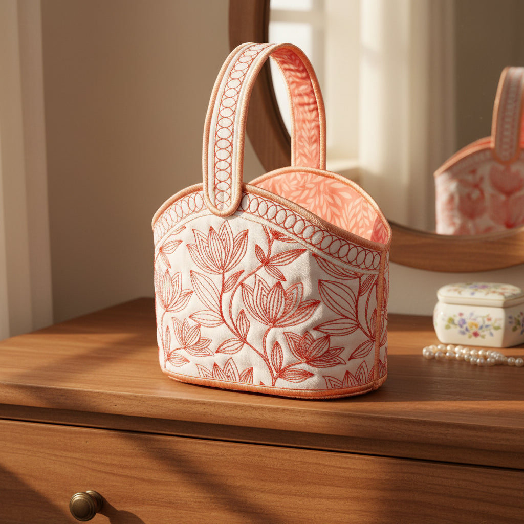 Fabric basket with floral embroidery on a beige background